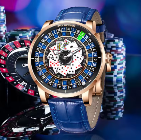 Pindu Blue Roulette Watch With Motion Activated Cards Face